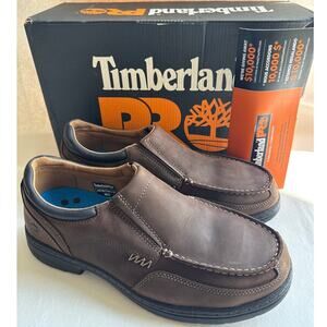 Timberland PRO Work Shoe Branston Men's 9W Safety Moc-Toe Brown Leather Slip-on
